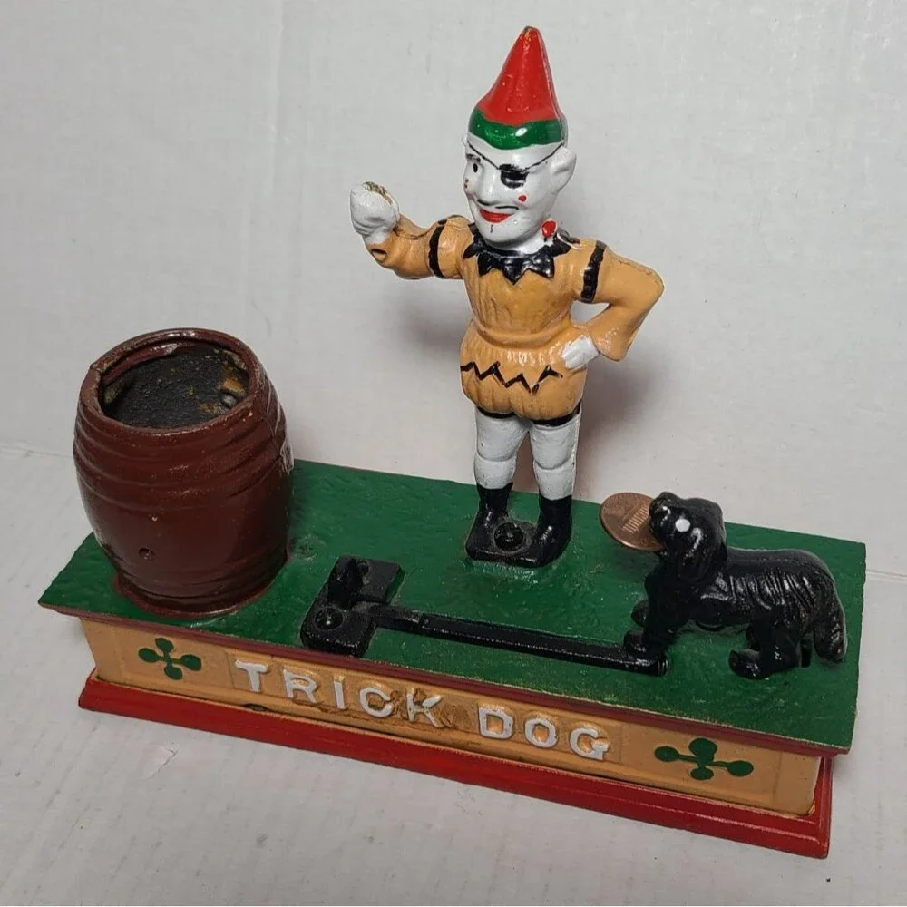 VINTAGE TRICK DOG CAST IRON MECHANICAL CIRCUS CLOWN COIN BANK Heavy